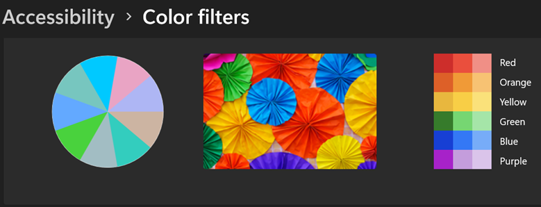 Windows 11 operation setting for Accessibility: Color Filters. Displaying how colors can look without the filter on, using the dark theme.