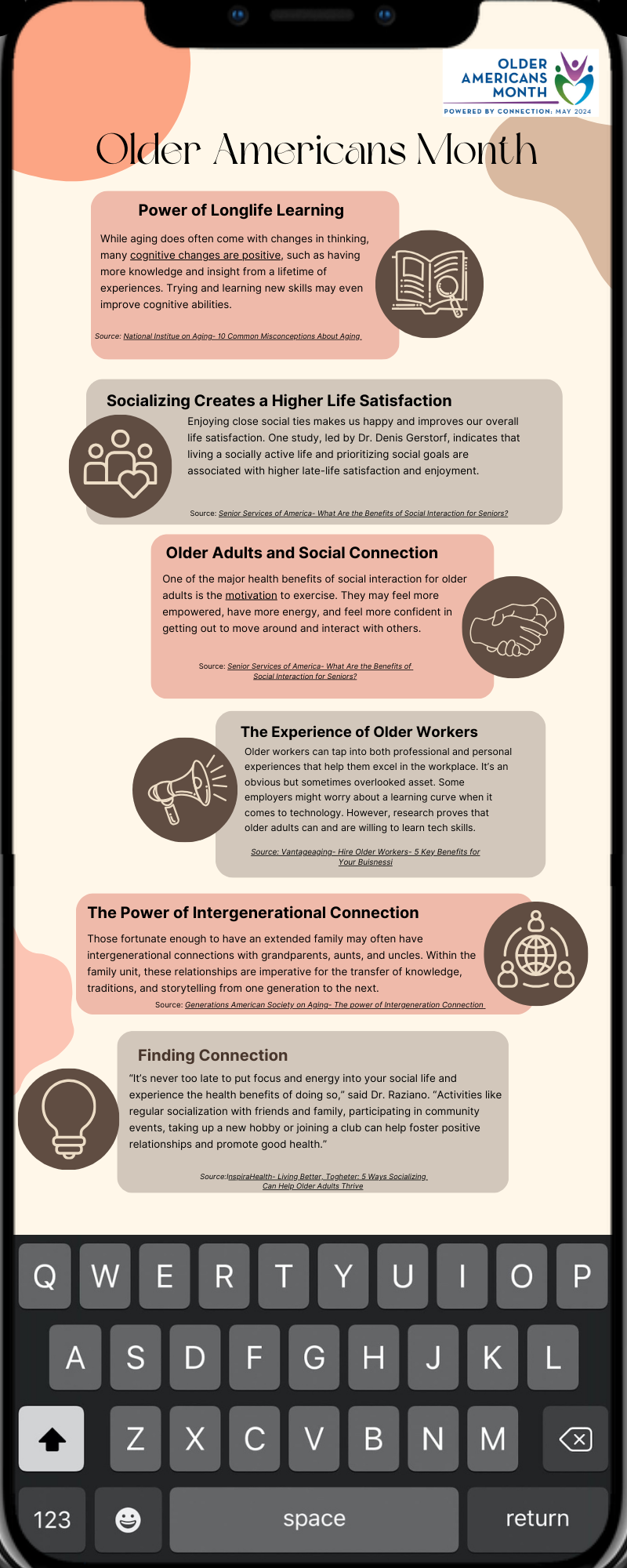 Infographic for Older Americans Month 2024, stylized as text messages on a mobile phone