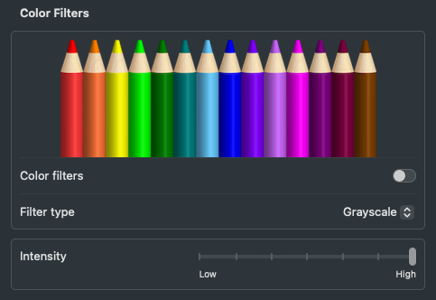 Image of Color Filters menu in MAC computer