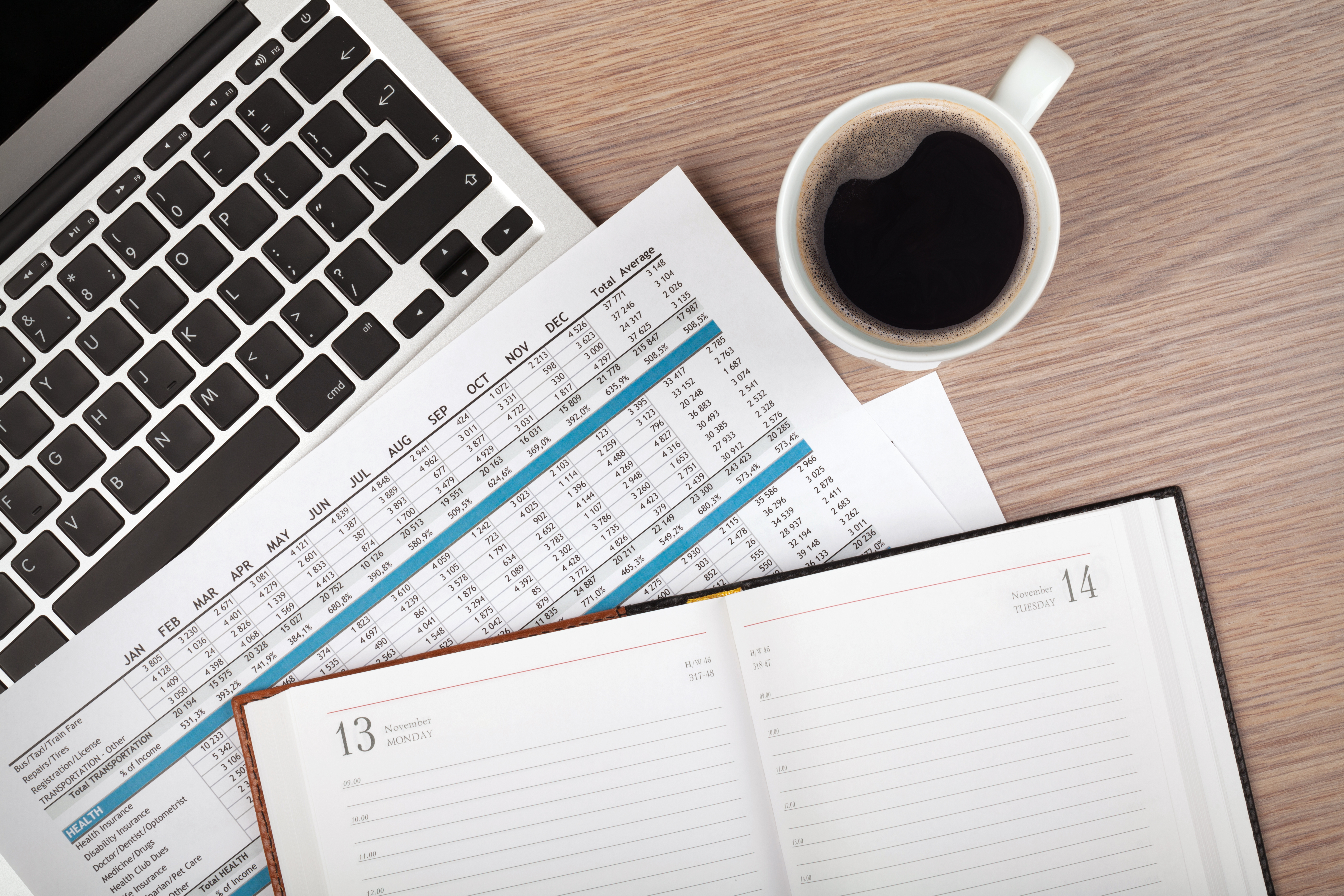 Image of open laptop with papers, a date book and a cup of coffee