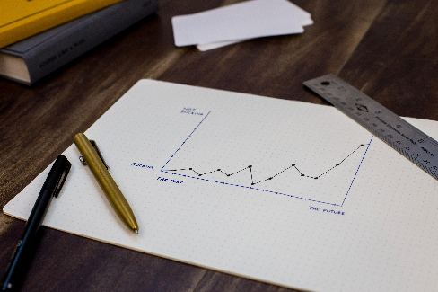 Line graph on piece of grid paper with ruler and pens