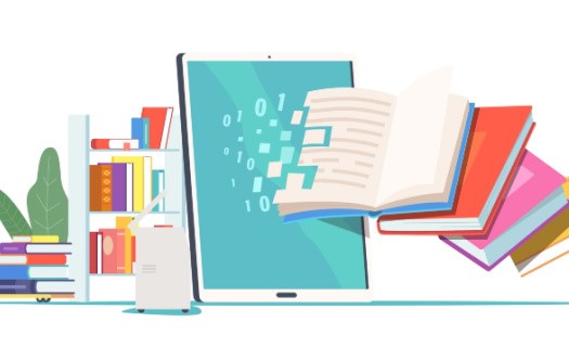 Concept of online education. Book pages and question mark, learning resources, study course