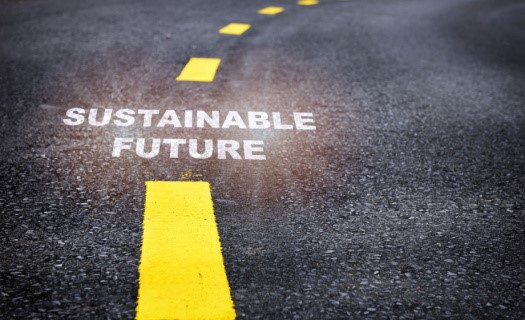 Image of road with yellow, dashed divider line and the words "sustainable future" in yellow.