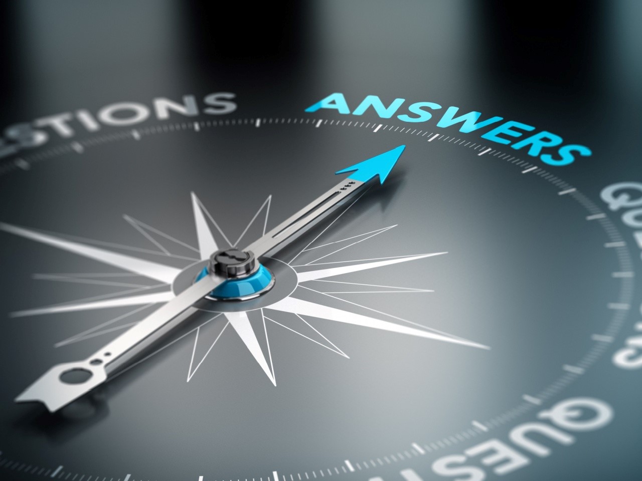 Image of a compass pointing towards the word, "Answers."