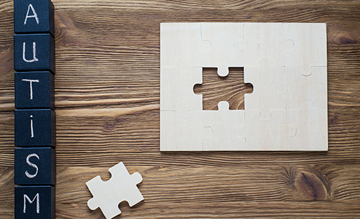 Autism written on blue blocks.  White piece of paper with a puzzle piece removed and placed on the side