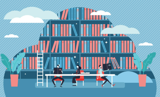 Study vector illustration. Flat tiny book learning process persons concept. Scene with book store, library and students. Project academical information research in literature documents text source.