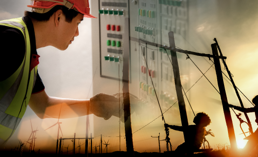 Electrical Power Engineering with Silhouettes of happiness life of child to playing swing in turbine wind park renewable. Sustainable energy concept. Cinematic Warm Color.