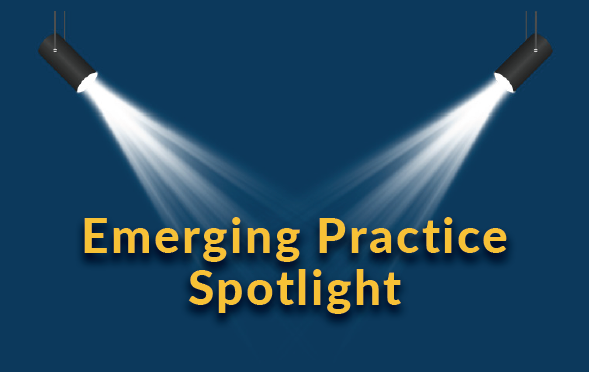 Two spotlights directed towards text reading "Emerging Practice Spotlight"