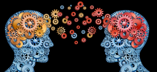 Graphic showing ideas and information being transmitted from one mind to another