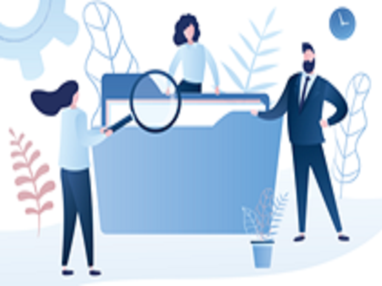 Illustrations of people looking in a large file folder with a magnifying glass