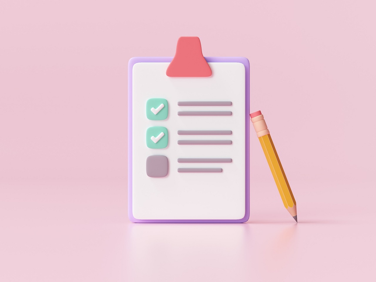 illustration of a clipboard with writing and checkboxes. Pencil is leaning against clipboard.