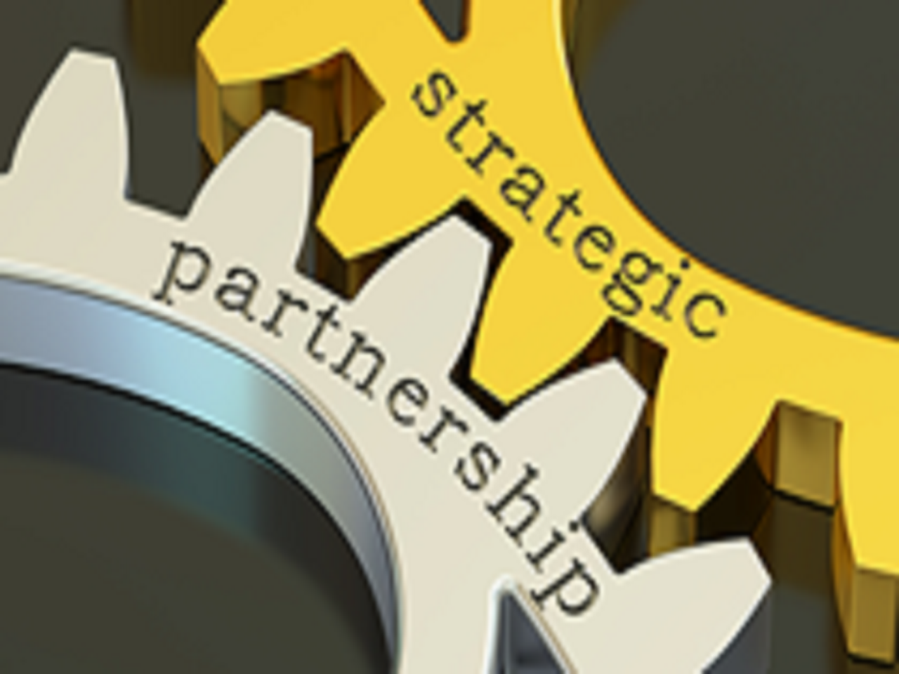 Two gears interlocking. The gold gear says "strategic" and the silver gear says "partnerships"