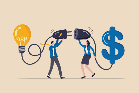 Two figures plugging a light bulb "idea" into a outlet linked to "dollar sign" money