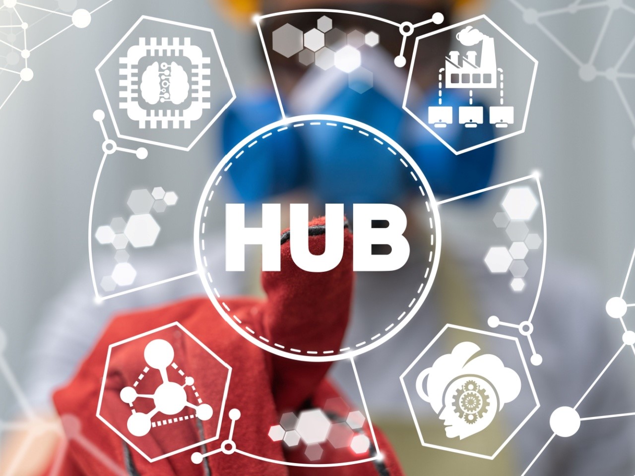 Image of a transparent "HUB" with finger pointing to center