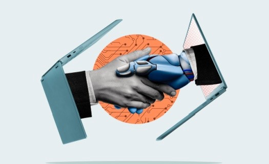Man and Robot shaking hands between laptops