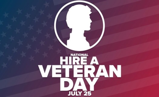 Blue to red gradient background on American flag with sillouhette in white inside a circle and "National Hire A Vetrean Day July 25" text
