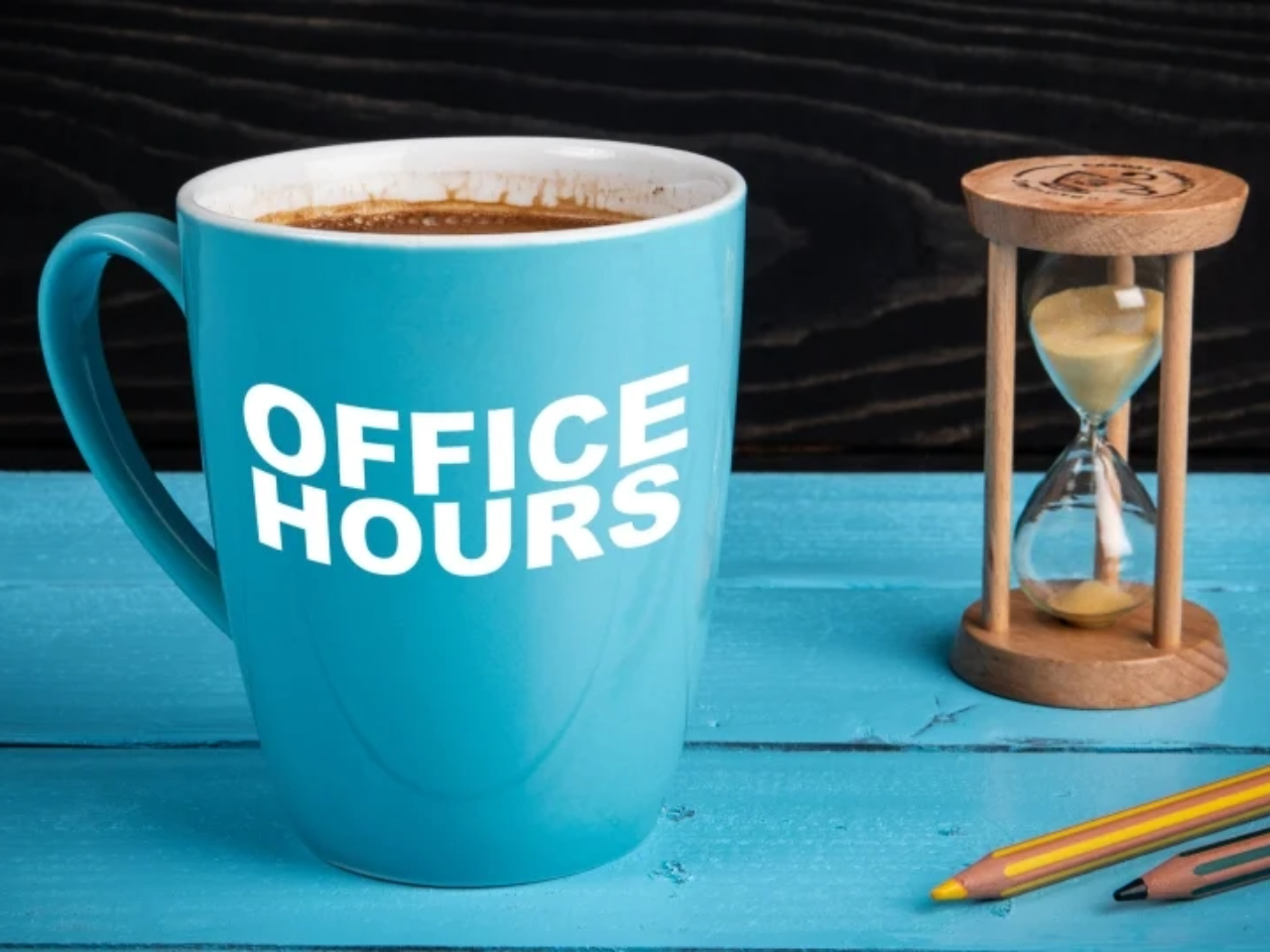Blue mug with "Office Hours" in white text
