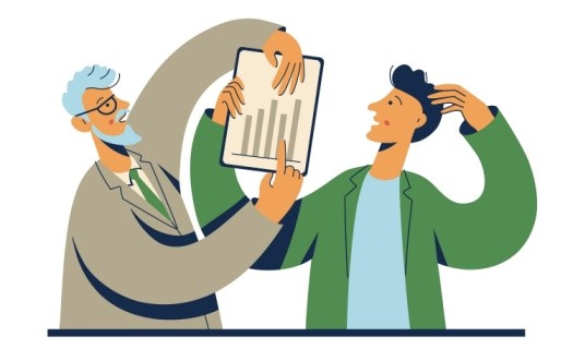 Illustration of a young man and old man looking at bar chart on paper