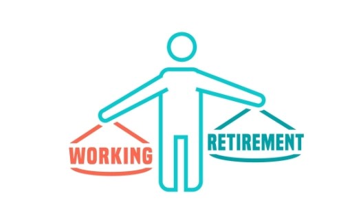 Teal outline of a person holding two scales, "Working" in orange on the left and "retirement" in blue on the right, and the word "working" is slightly lower.
