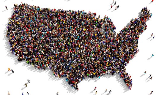 Large group of people gathered into shape of contiguous United States seen from above