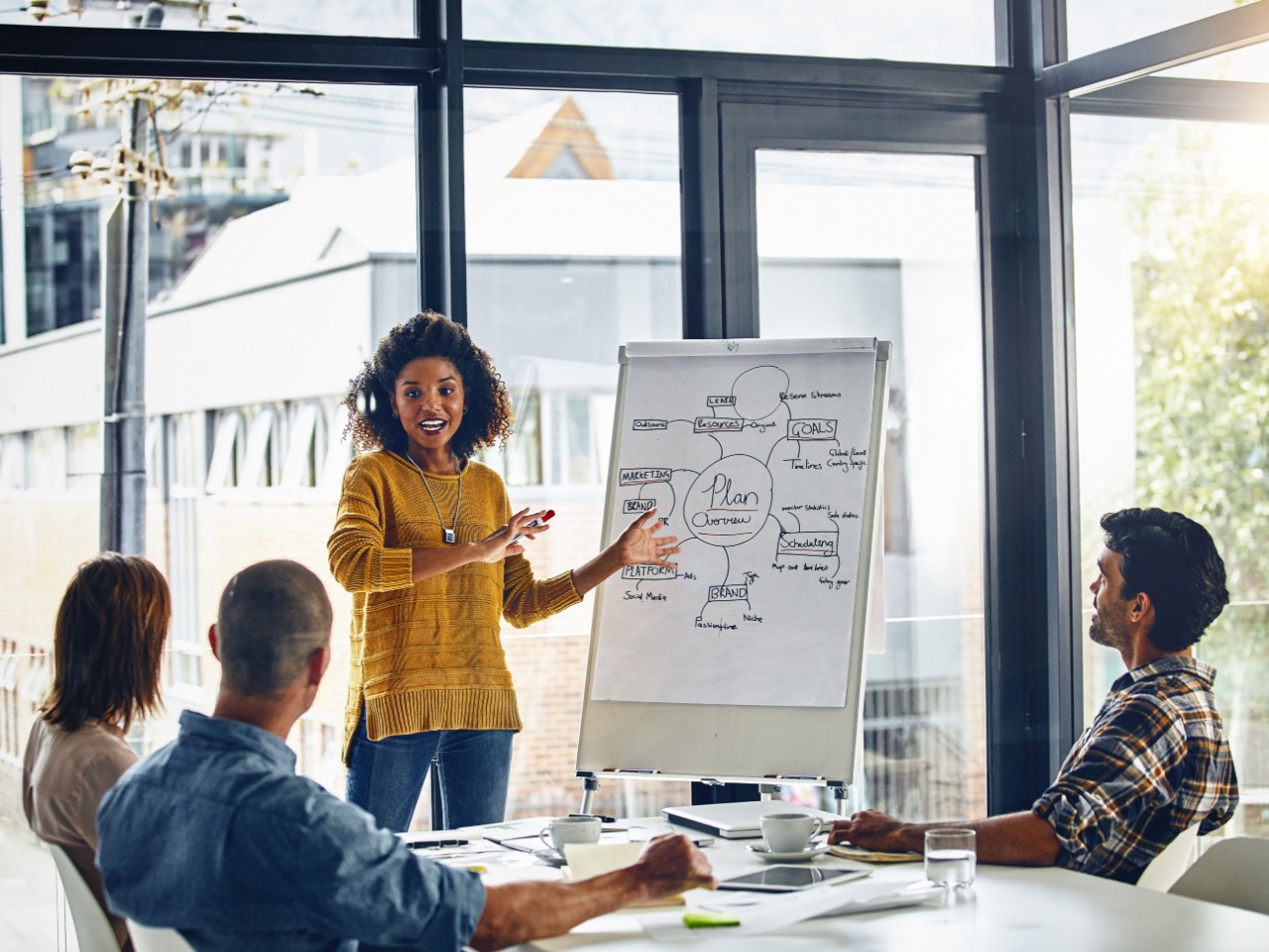 Woman standing at chart paper making presentation to colleagues