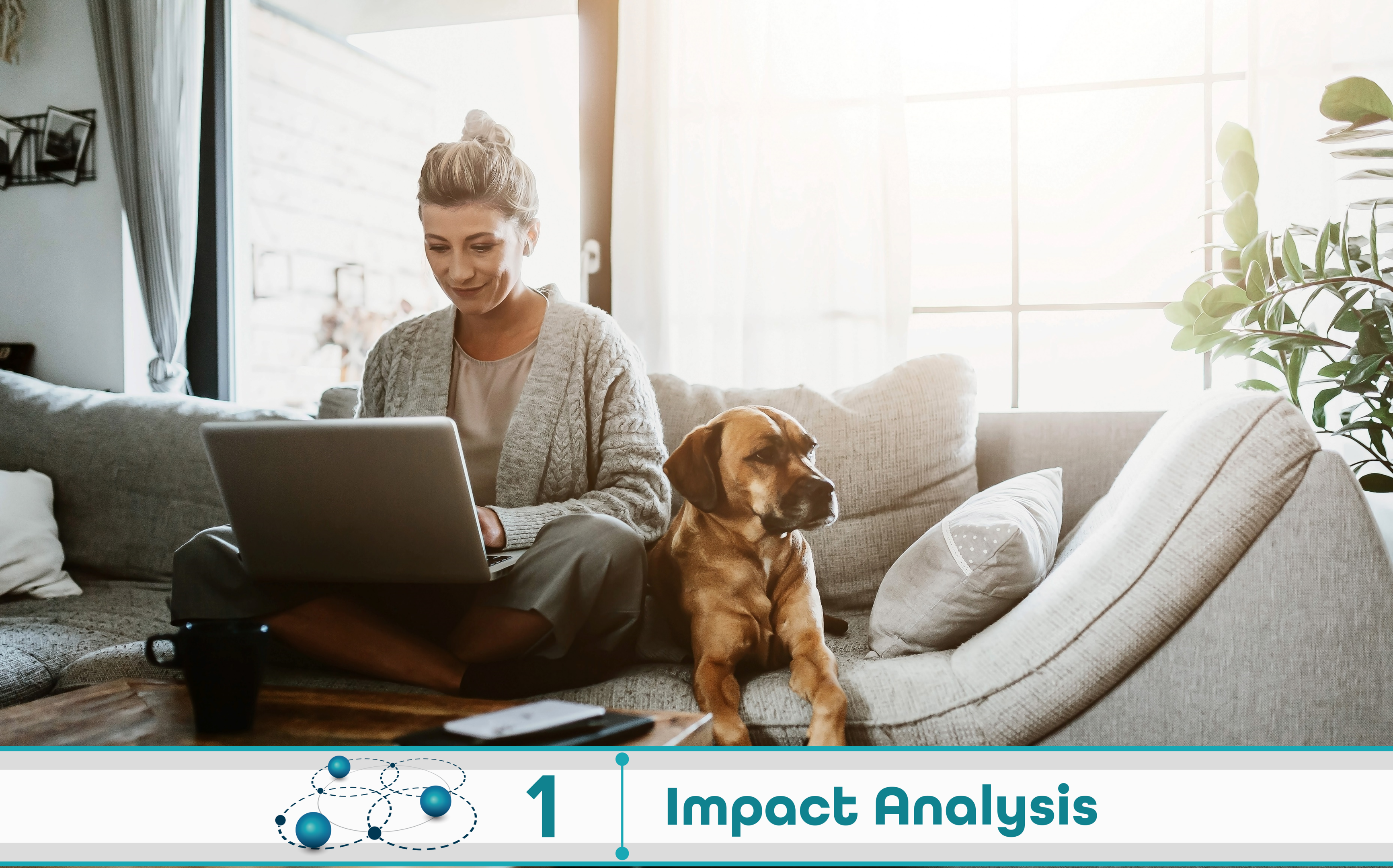 Businesswoman working on laptop computer sitting at home with a dog pet and managing her business via home office