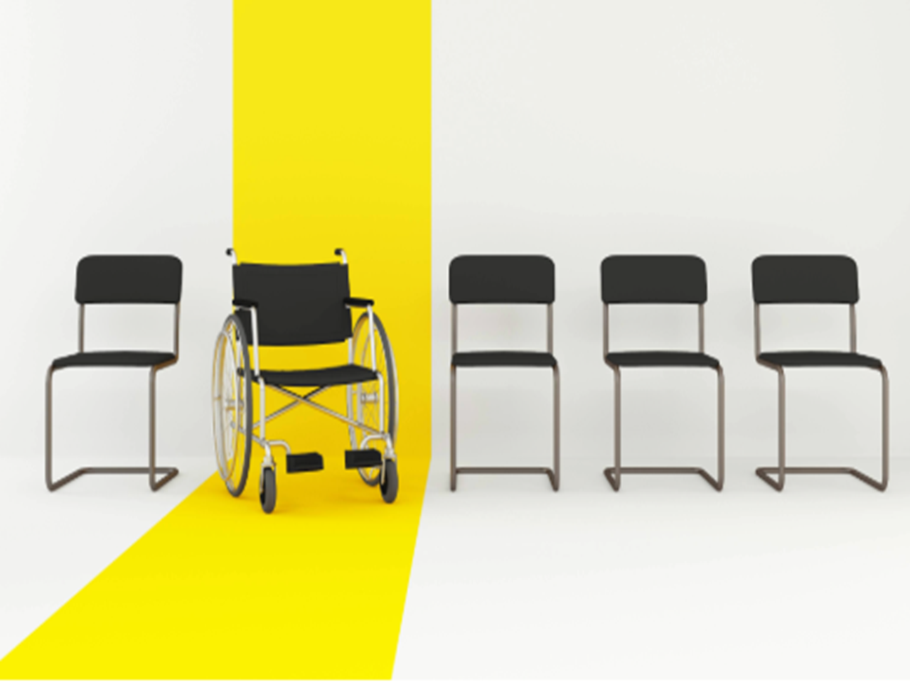 Five chairs lined up and the second chair is a wheelchair with a yellow stripe running beneath it and up the wall behind it
