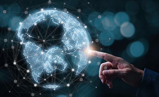 Businessman touching a virtual world with connection line for global networks and technology linkage concept.