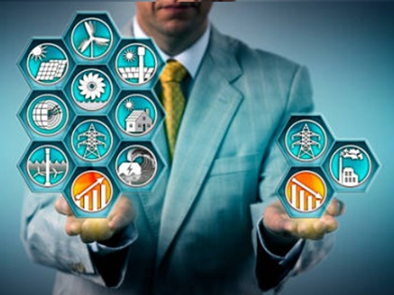 Man balancing stacked industry icon hexagons in each hand