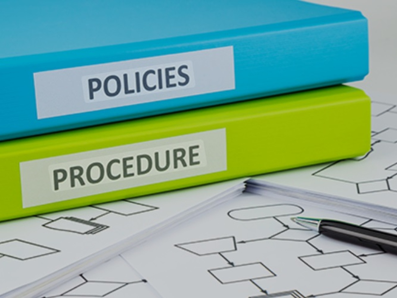 Drawings and binders that say policies and procedure