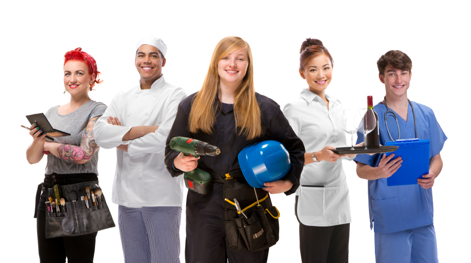 group of students in different career uniforms