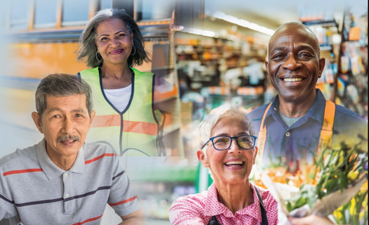 Diverse group of older workers in various jobs doing daily tasks.