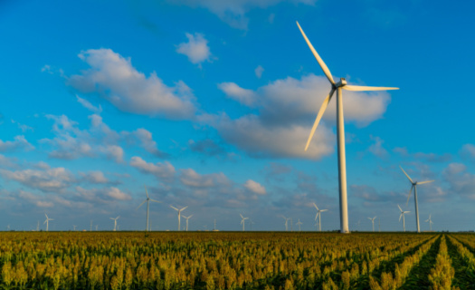 Wind turbines against a blue sky in Texas.