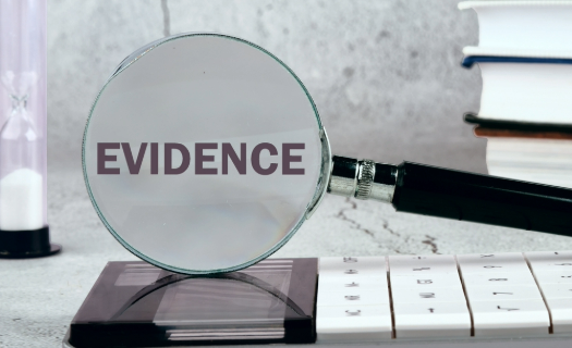 A desk setting with a magnifying glass displaying the word EVIDENCE.