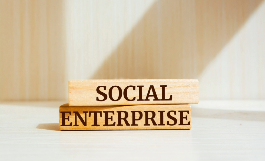 Wood blocks spelling SOCIAL ENTERPRISE stacked one on top of the other.