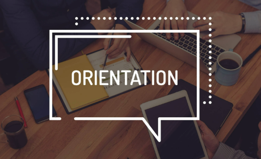 "Orientation" overlay with an office photo behind.