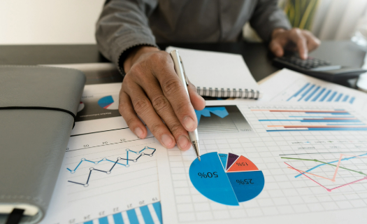 Person at a desk reviewing graphs and charts on paper.