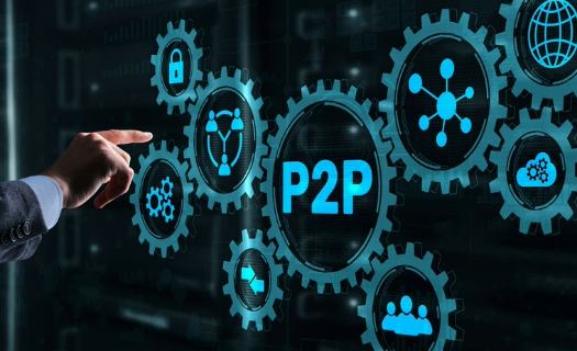 A person reaching out to a touchscreen showing the text "P2P" and various icons.