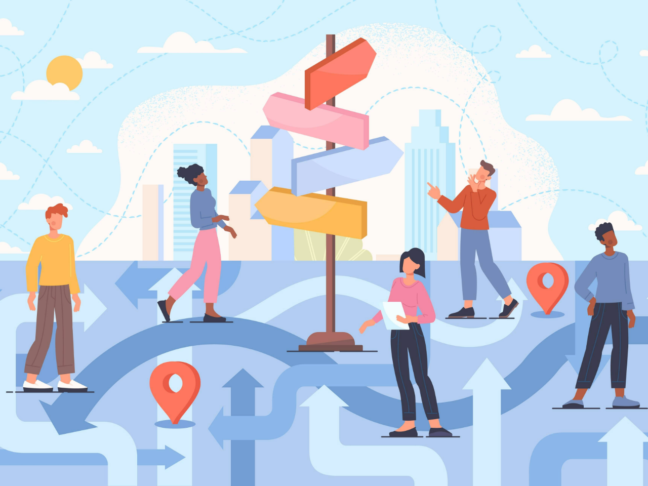 5 people following sign posts