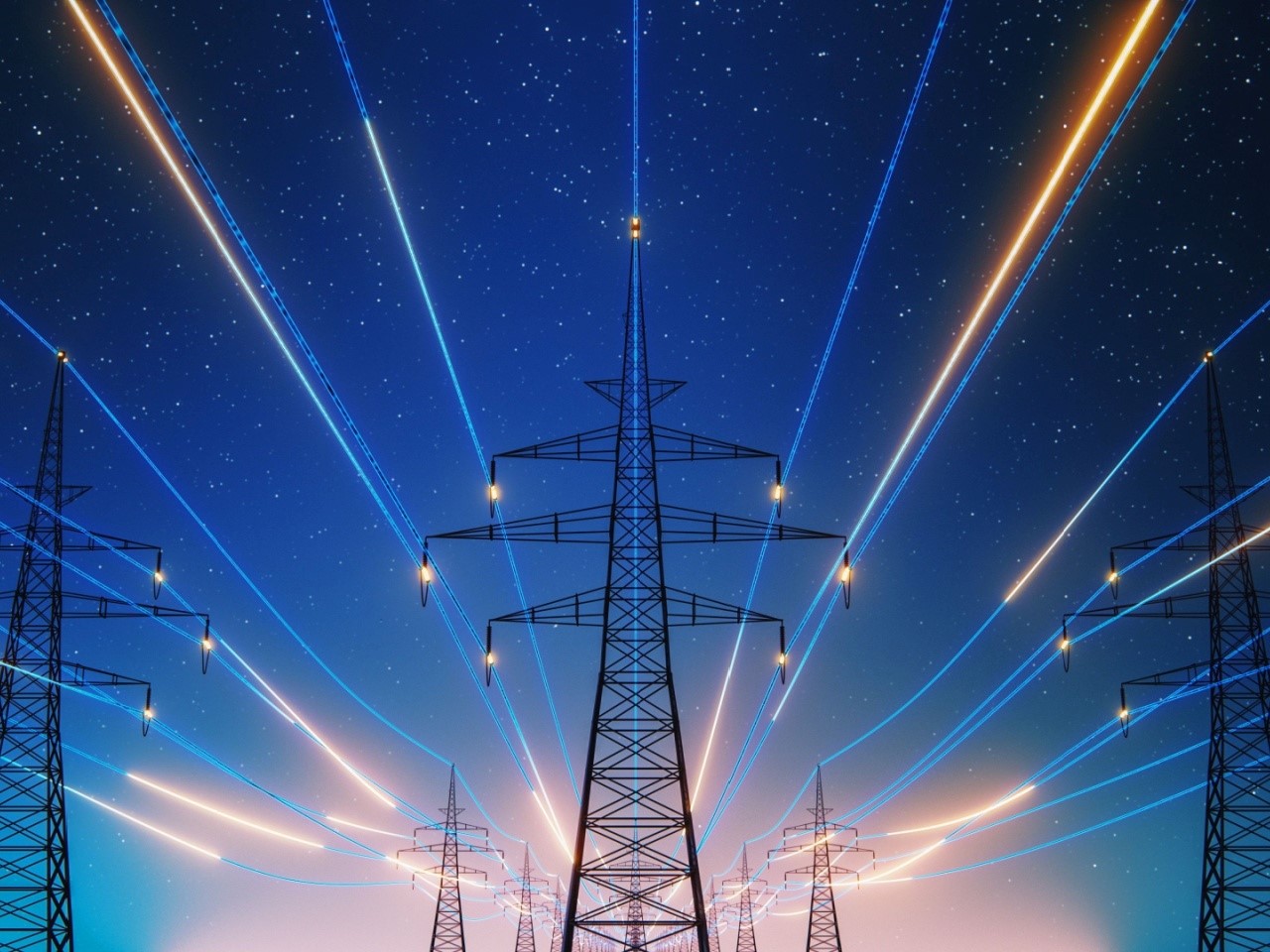3D Render Of Power Transmission Lines with 3D Digital Visualization of Electricity. Fantastic Visuals of Night Sky Full of Bright Stars. Concept of Renewable Green Energy Powering Human Progress.