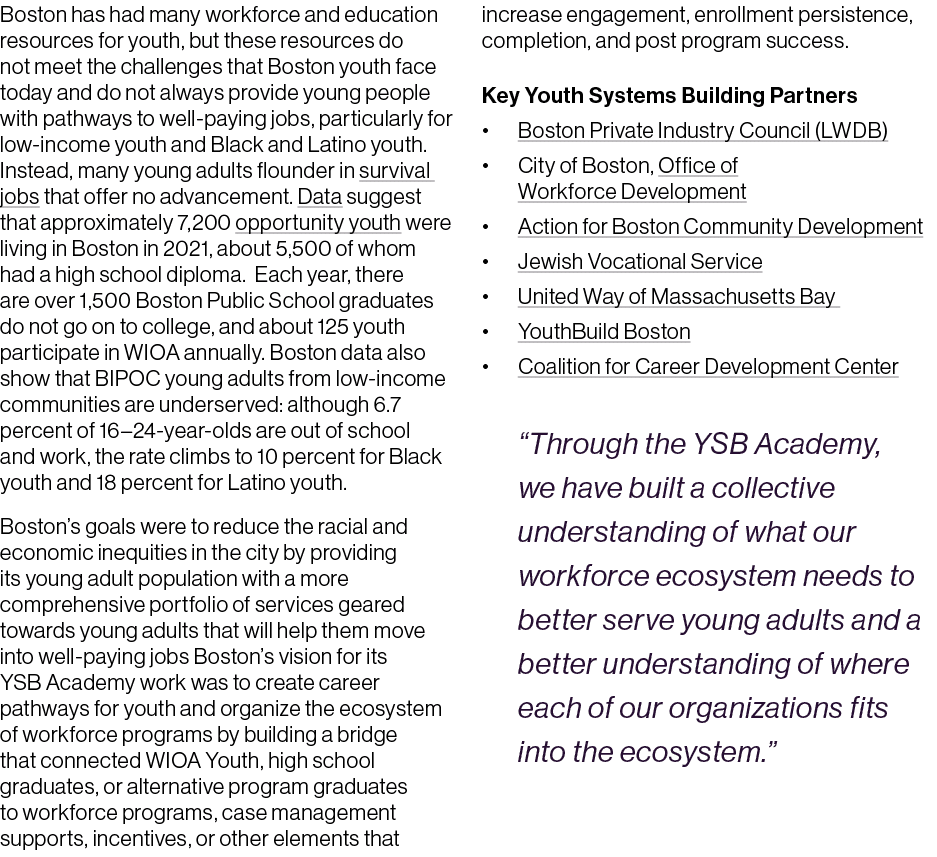 Boston has had many workforce and education resources for youth, but these resources do not meet the challenges that ...