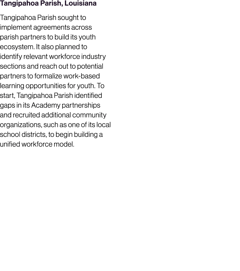 Tangipahoa Parish, Louisiana Tangipahoa Parish sought to implement agreements across parish partners to build its you...